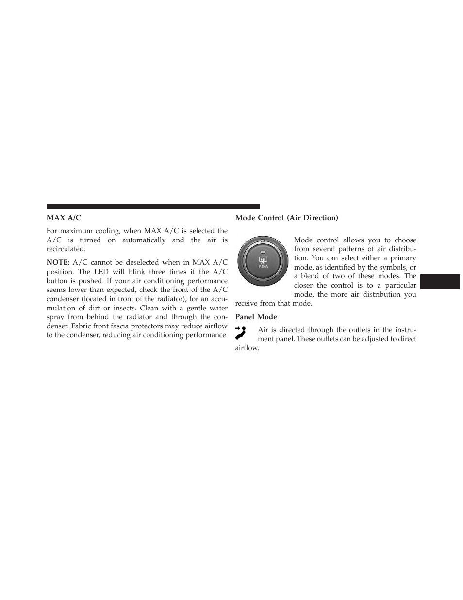 Max a/c, Mode control (air direction), Panel mode | Jeep 2014 Cherokee - Owner Manual User Manual | Page 397 / 690