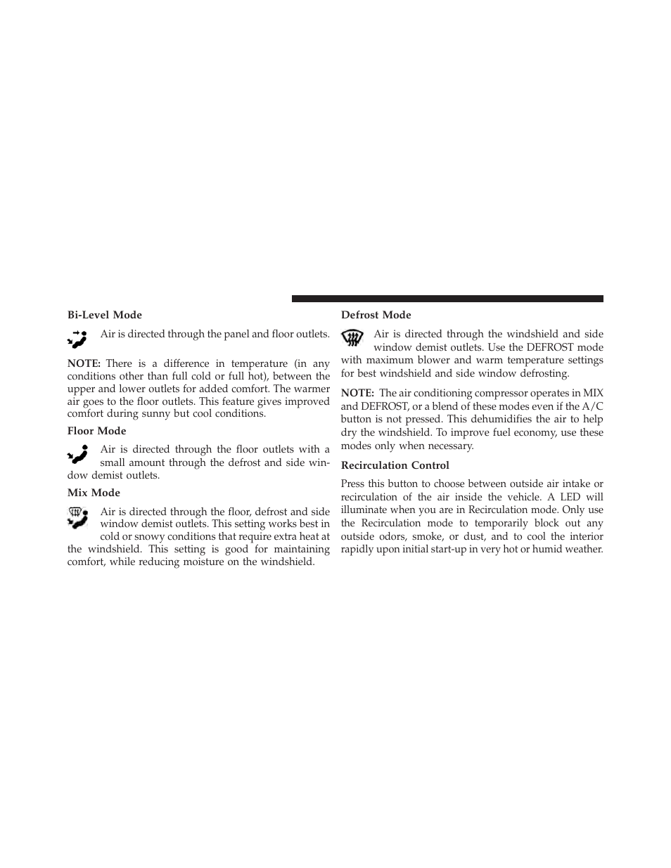 Bi-level mode, Floor mode, Mix mode | Defrost mode, Recirculation control | Jeep 2014 Cherokee - Owner Manual User Manual | Page 398 / 690