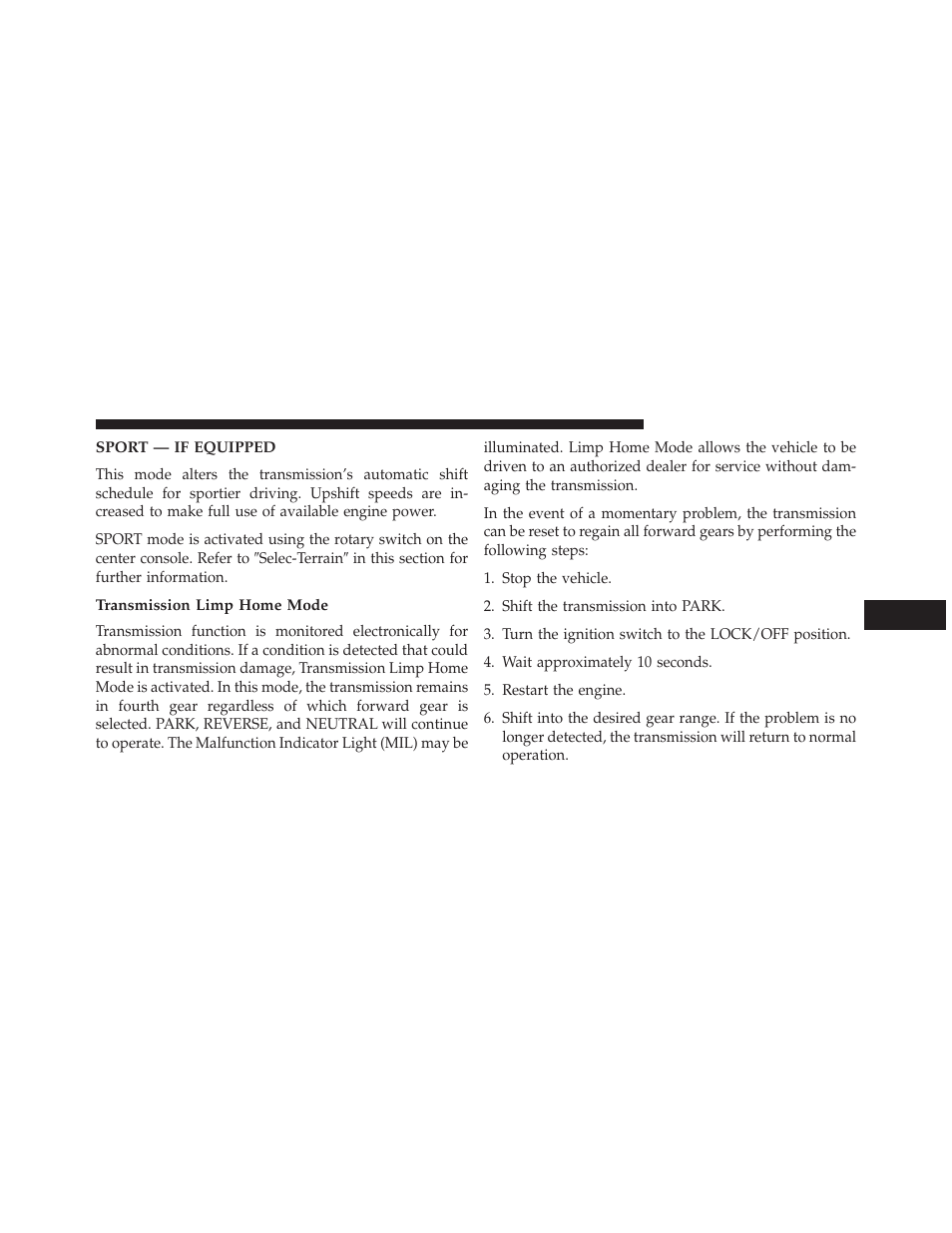 Sport — if equipped, Transmission limp home mode | Jeep 2014 Cherokee - Owner Manual User Manual | Page 435 / 690