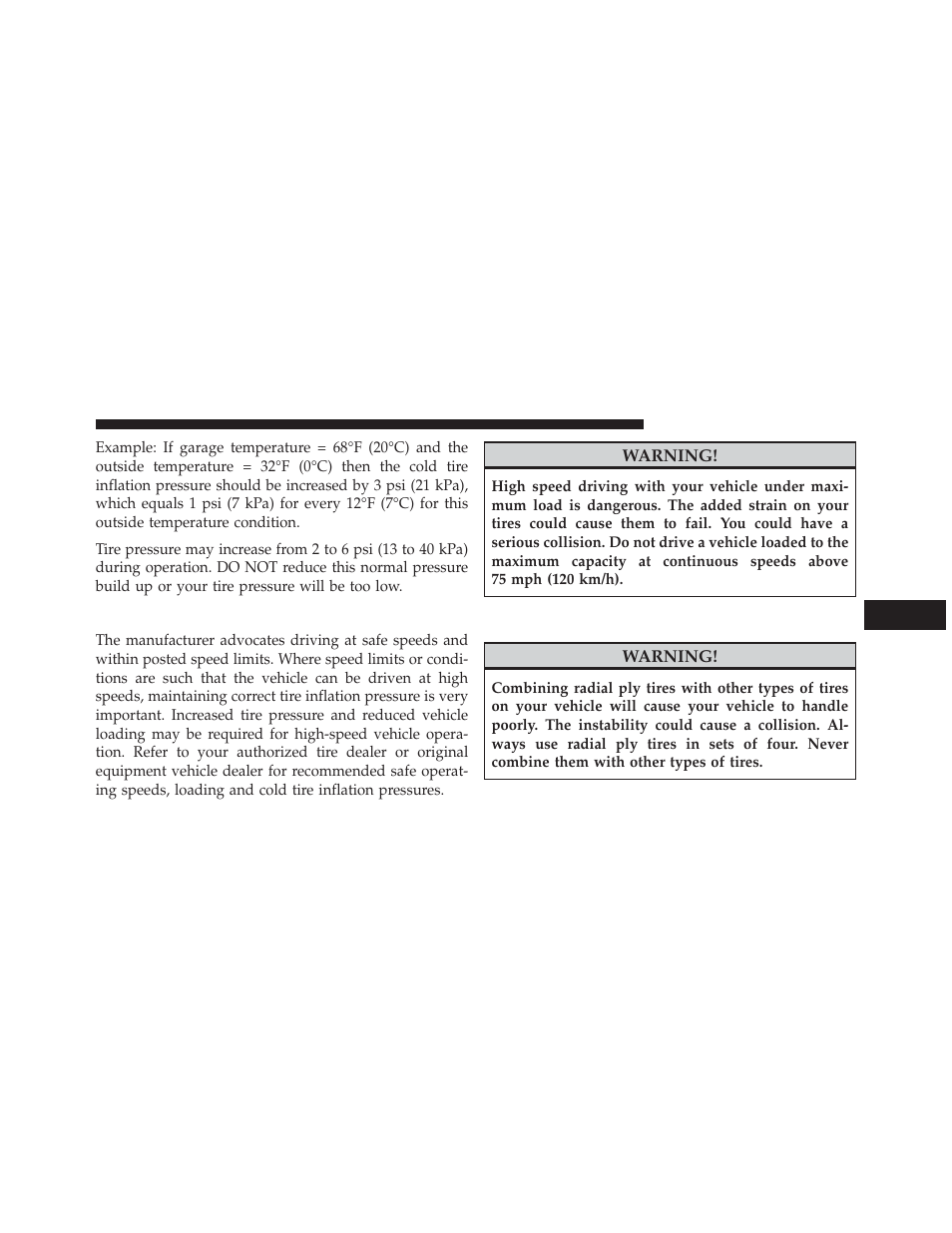 Tire pressures for high speed operation, Radial ply tires | Jeep 2014 Cherokee - Owner Manual User Manual | Page 497 / 690