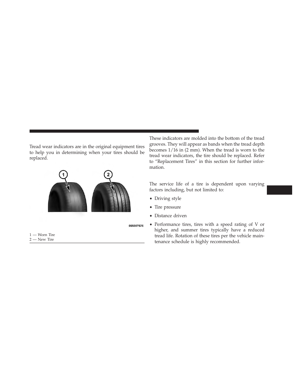 Tread wear indicators, Life of tire | Jeep 2014 Cherokee - Owner Manual User Manual | Page 503 / 690