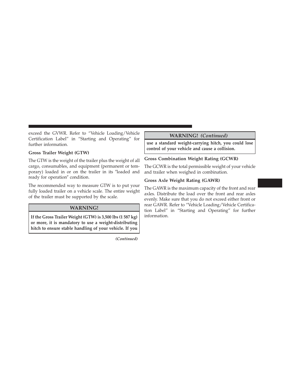 Gross trailer weight (gtw), Gross combination weight rating (gcwr), Gross axle weight rating (gawr) | Jeep 2014 Cherokee - Owner Manual User Manual | Page 533 / 690