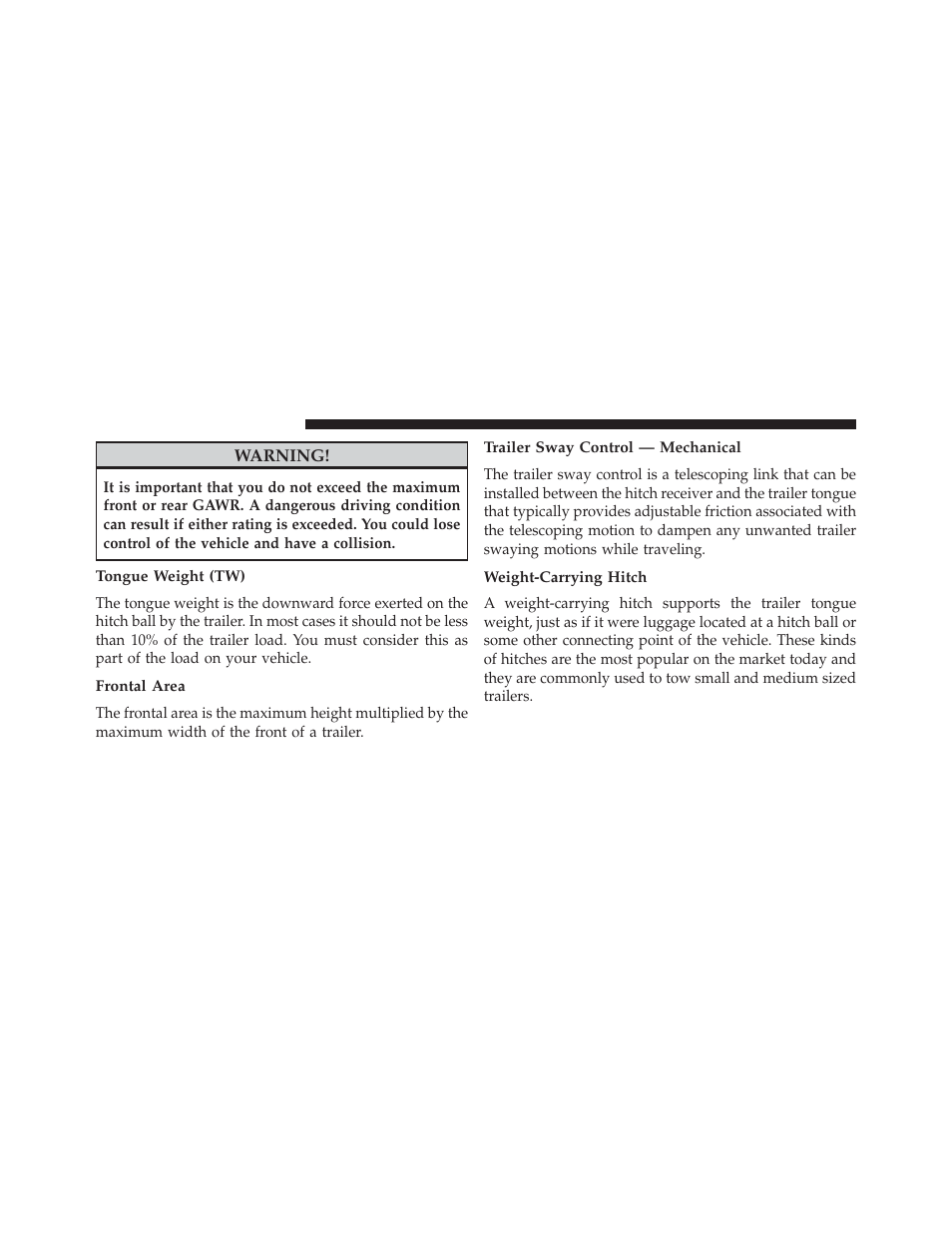 Tongue weight (tw), Frontal area, Trailer sway control — mechanical | Weight-carrying hitch | Jeep 2014 Cherokee - Owner Manual User Manual | Page 534 / 690