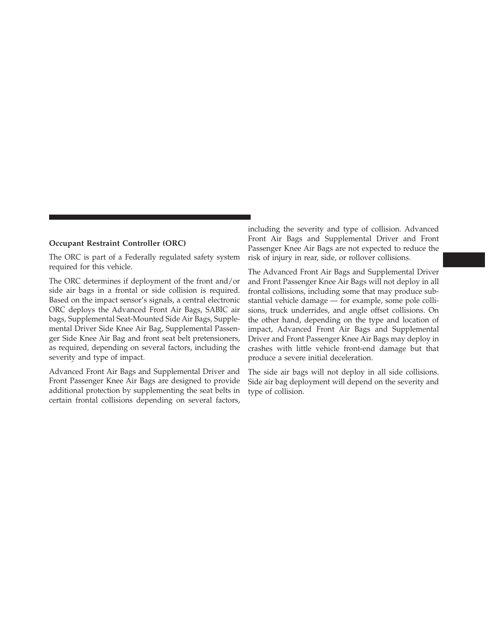 Air bag deployment sensors and controls, Occupant restraint controller (orc) | Jeep 2014 Cherokee - Owner Manual User Manual | Page 75 / 690