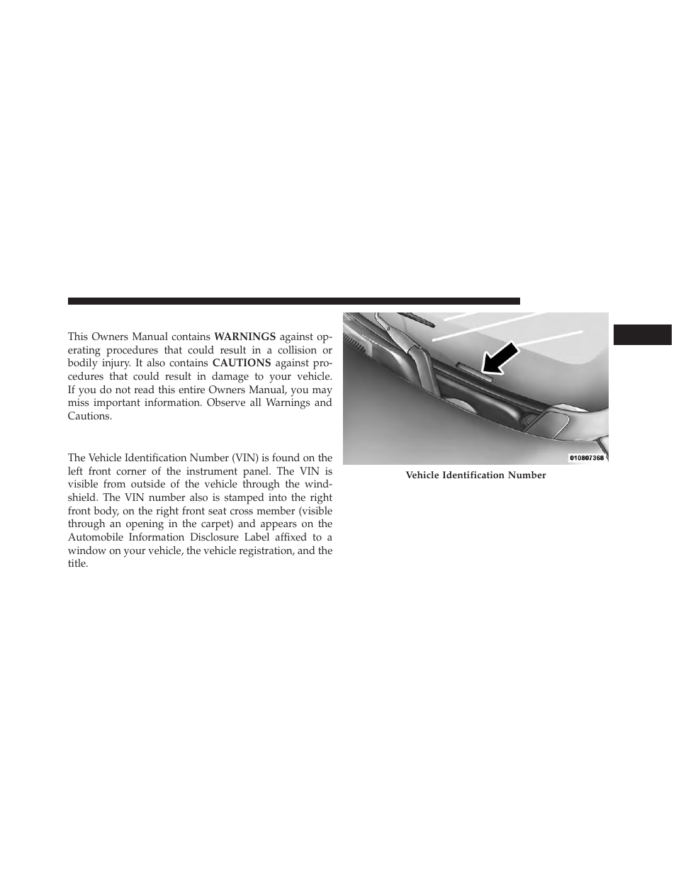 Warnings and cautions, Vehicle identification number | Jeep 2014 Cherokee - Owner Manual User Manual | Page 9 / 690
