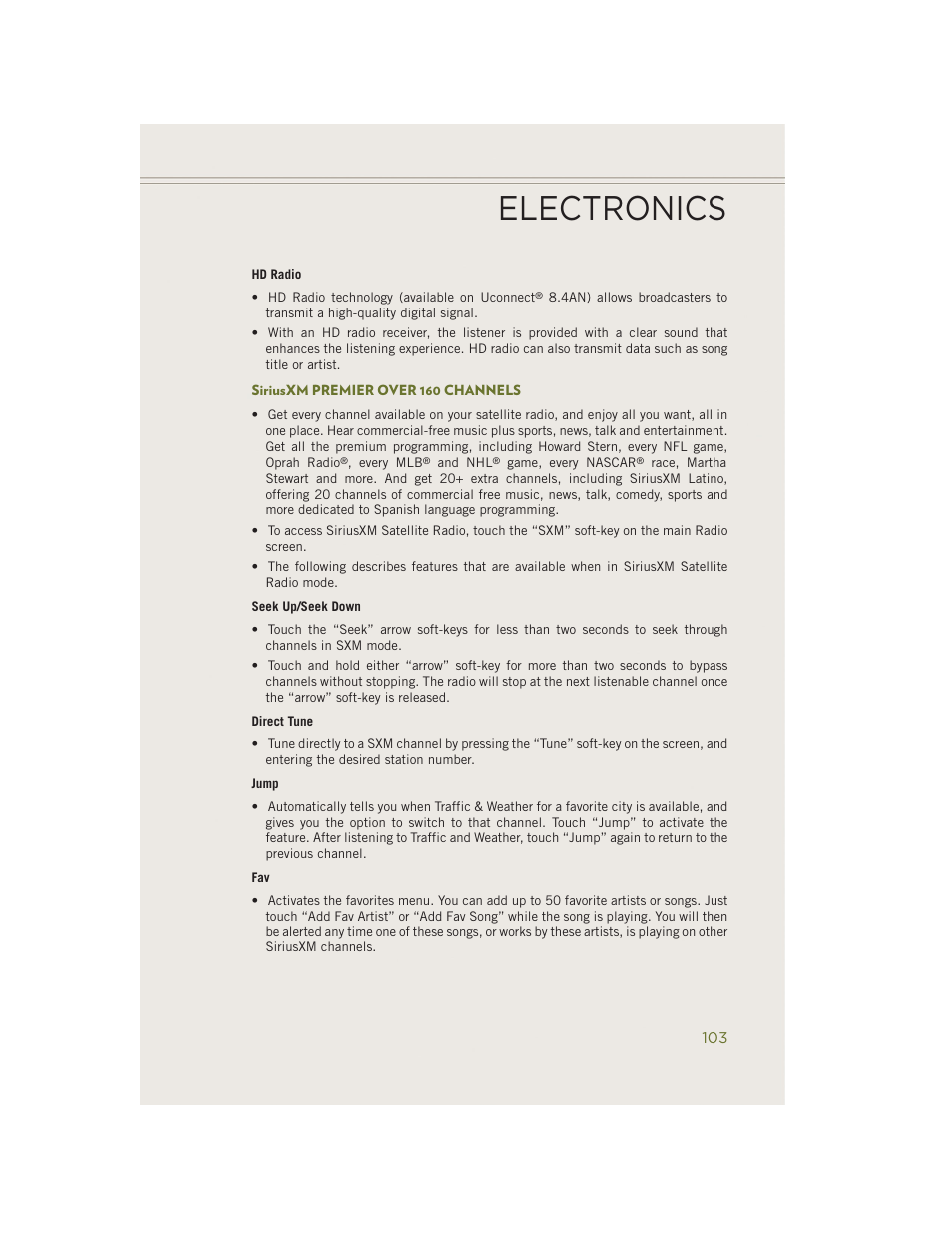 Siriusxm premier over 160 channels, Electronics | Jeep 2014 Cherokee - User Guide User Manual | Page 105 / 204