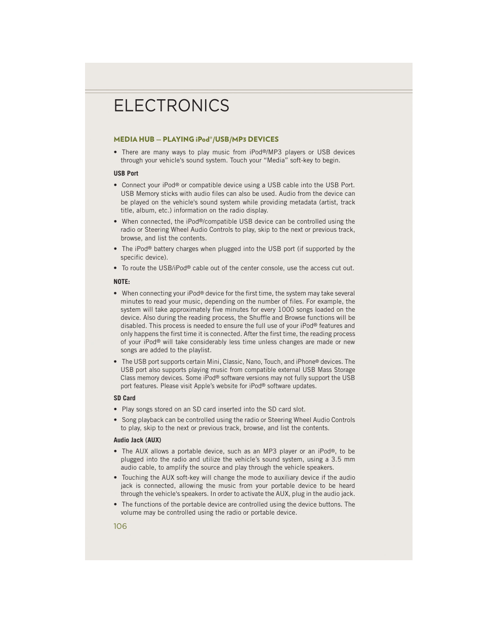 Media hub — playing ipod®/usb/mp3 devices, Electronics | Jeep 2014 Cherokee - User Guide User Manual | Page 108 / 204