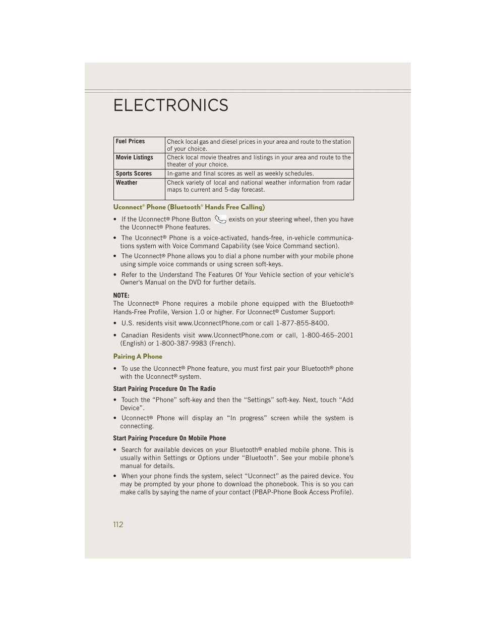 Uconnect® phone (bluetooth® hands free calling), Pairing a phone, Electronics | Jeep 2014 Cherokee - User Guide User Manual | Page 114 / 204