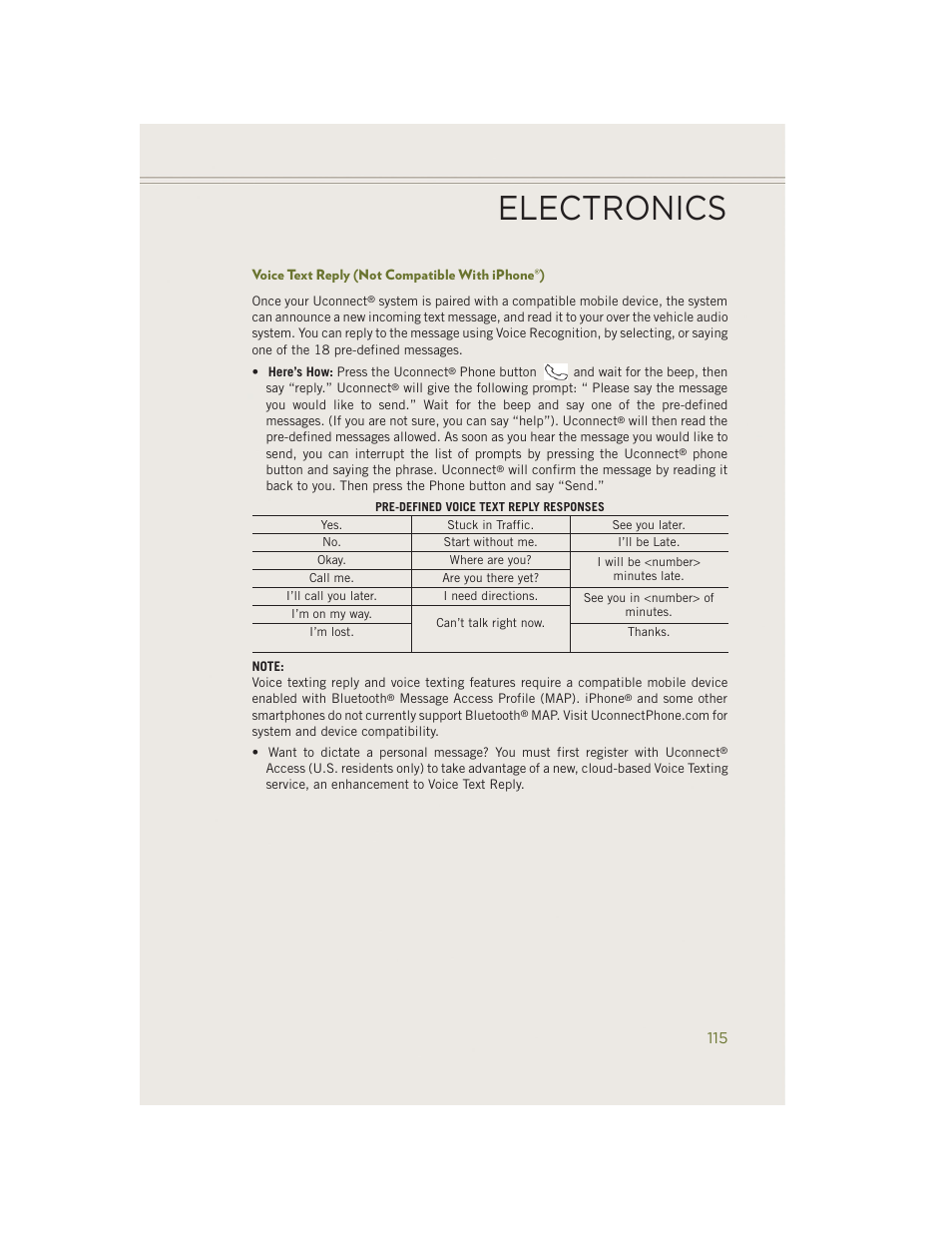 Voice text reply (not compatible with iphone®), Electronics | Jeep 2014 Cherokee - User Guide User Manual | Page 117 / 204