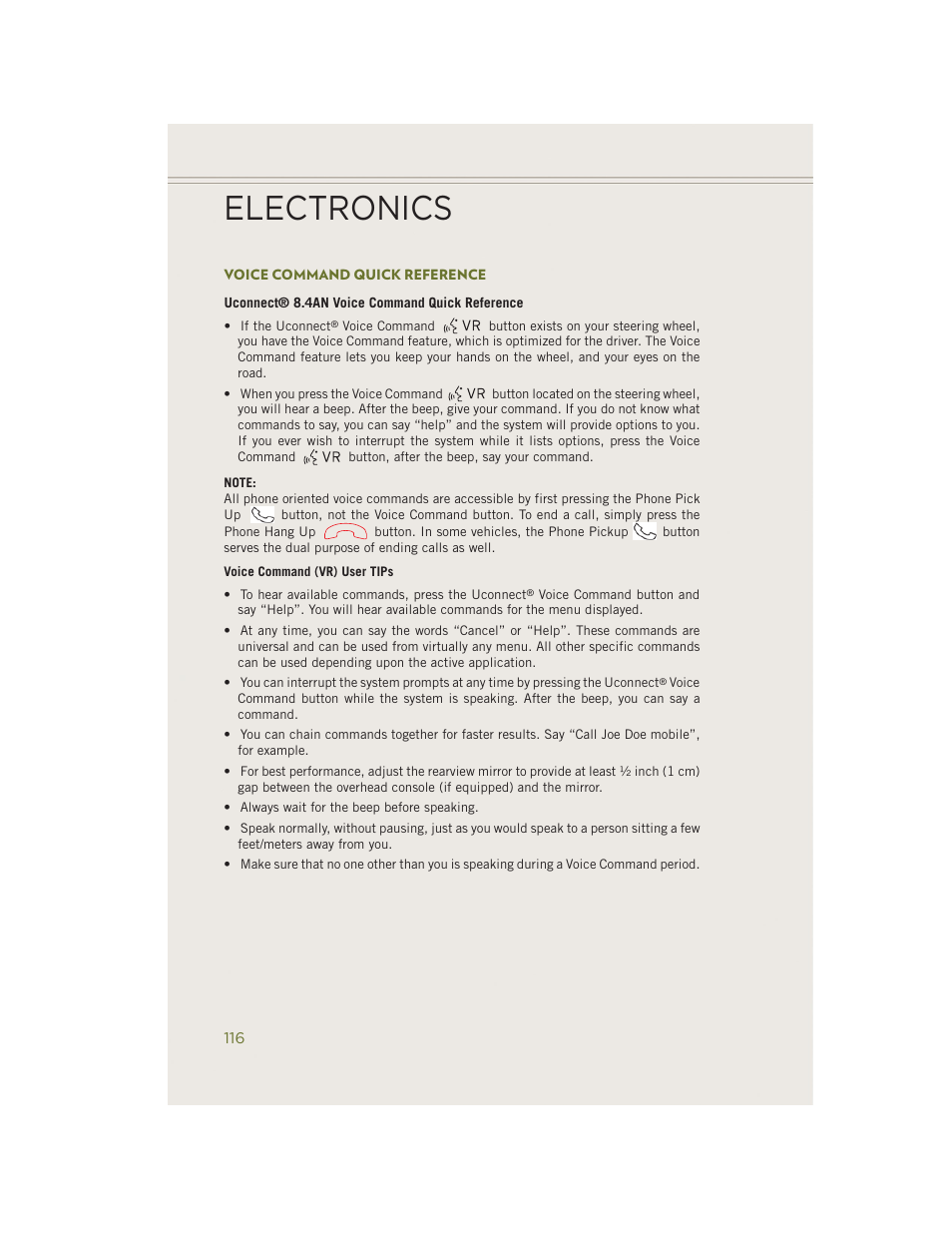 Voice command quick reference, Electronics | Jeep 2014 Cherokee - User Guide User Manual | Page 118 / 204