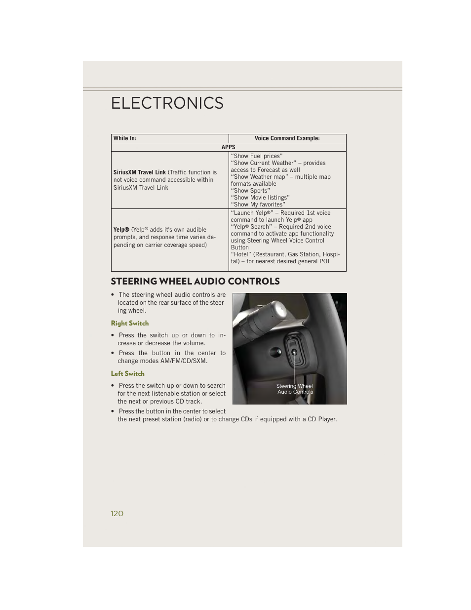 Steering wheel audio controls, Right switch, Left switch | Electronics | Jeep 2014 Cherokee - User Guide User Manual | Page 122 / 204