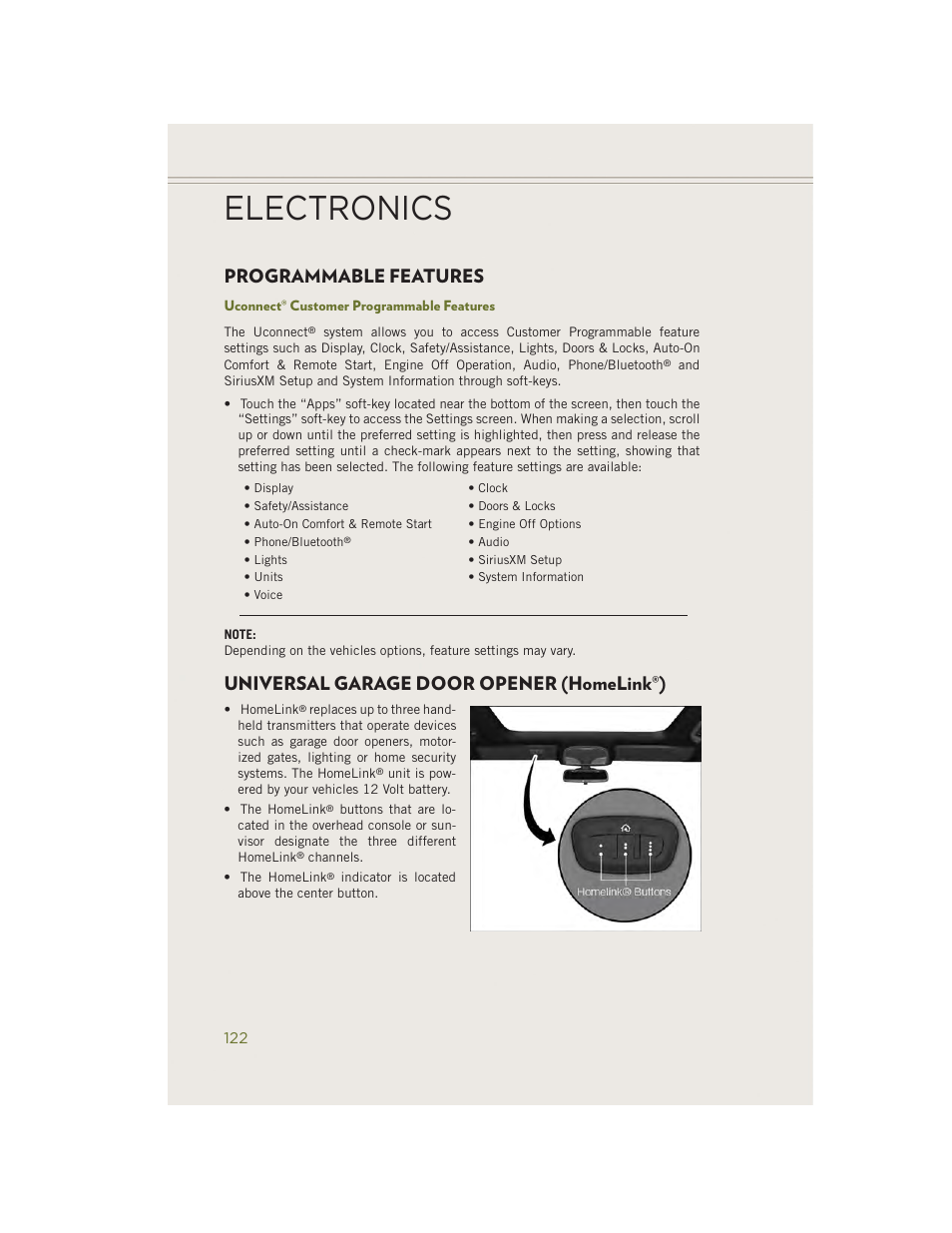 Programmable features, Uconnect® customer programmable features, Universal garage door opener (homelink®) | Electronics | Jeep 2014 Cherokee - User Guide User Manual | Page 124 / 204