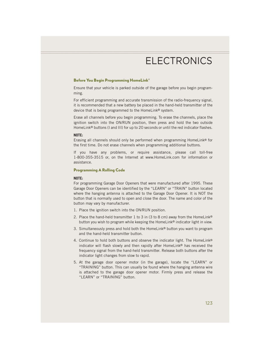 Before you begin programming homelink, Programming a rolling code, Electronics | Jeep 2014 Cherokee - User Guide User Manual | Page 125 / 204