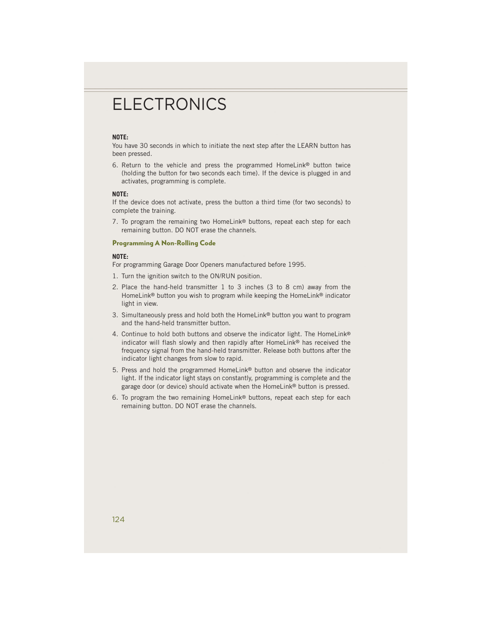 Programming a non-rolling code, Electronics | Jeep 2014 Cherokee - User Guide User Manual | Page 126 / 204