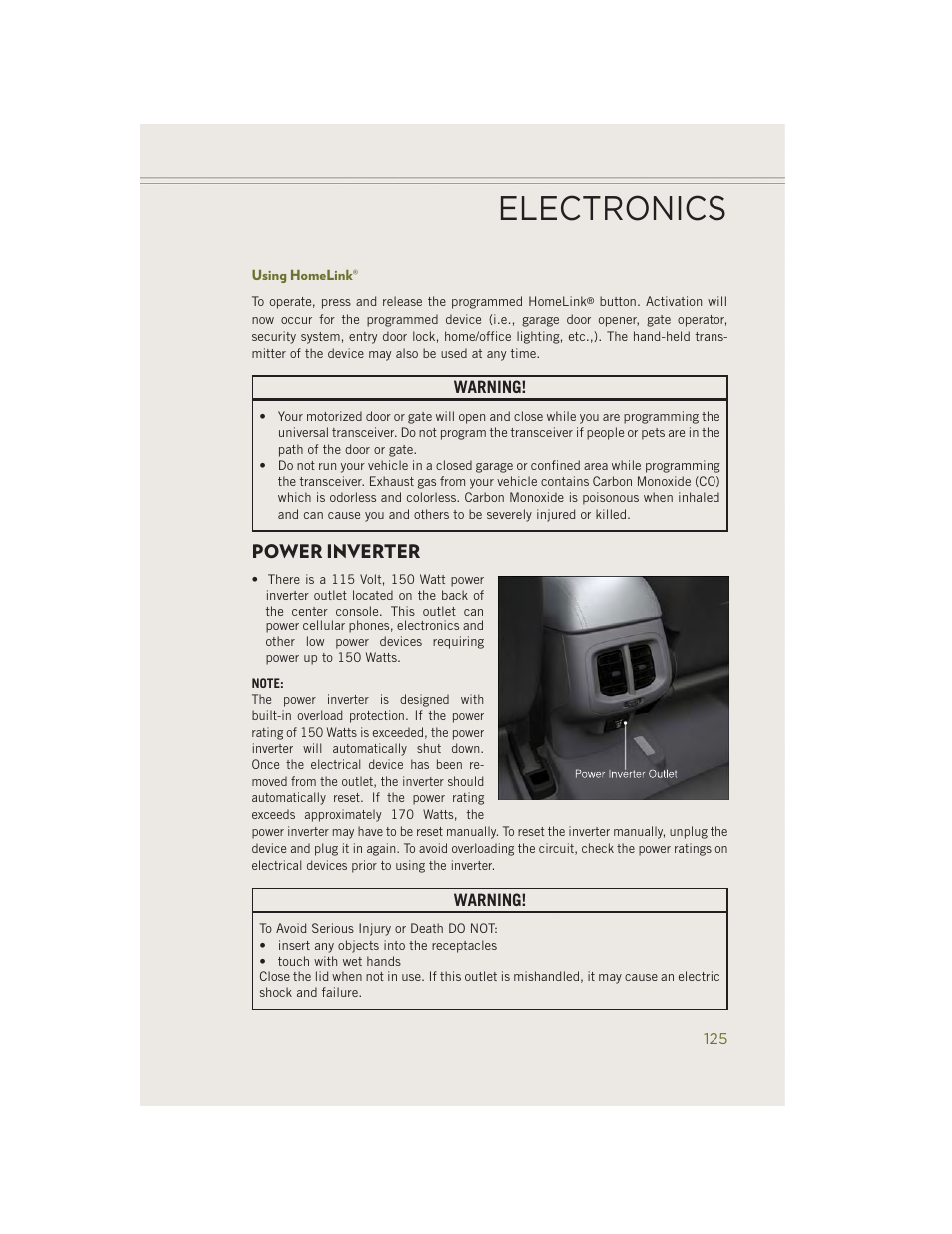 Using homelink, Power inverter, Electronics | Jeep 2014 Cherokee - User Guide User Manual | Page 127 / 204