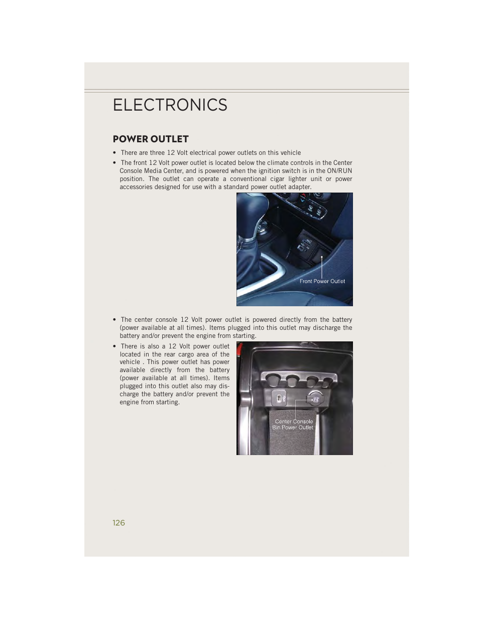 Power outlet, Electronics | Jeep 2014 Cherokee - User Guide User Manual | Page 128 / 204