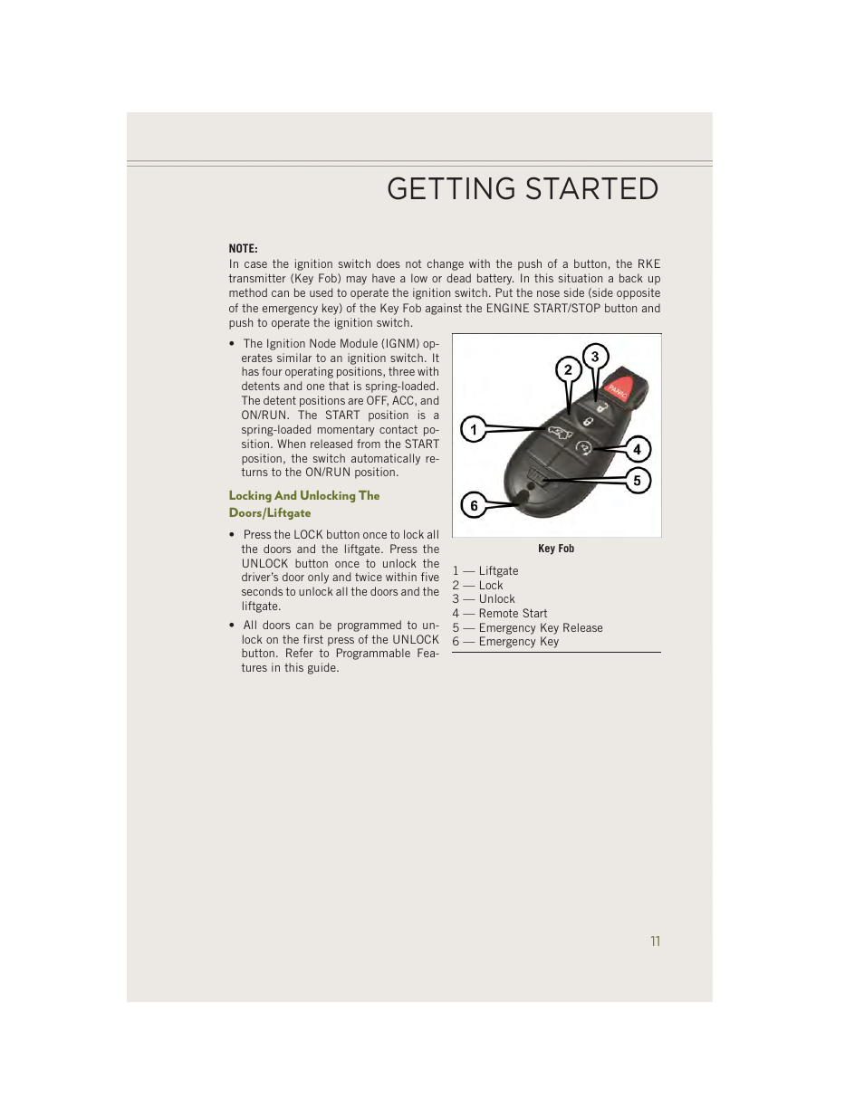 Locking and unlocking the doors/liftgate, Getting started | Jeep 2014 Cherokee - User Guide User Manual | Page 13 / 204