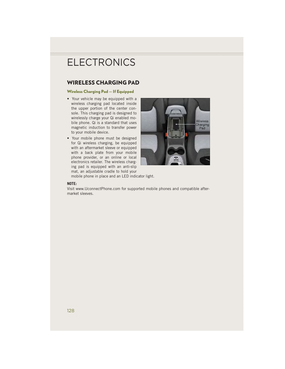 Wireless charging pad, Wireless charging pad — if equipped, Electronics | Jeep 2014 Cherokee - User Guide User Manual | Page 130 / 204