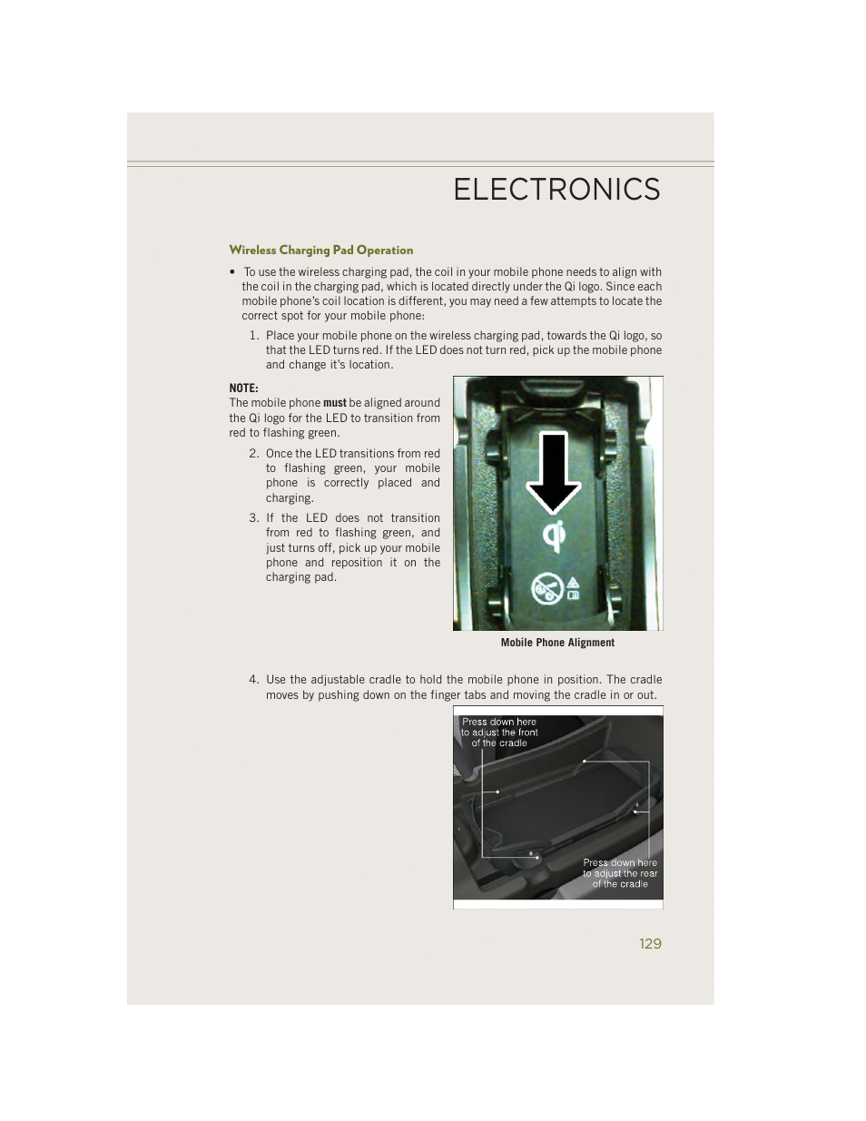 Wireless charging pad operation, Electronics | Jeep 2014 Cherokee - User Guide User Manual | Page 131 / 204