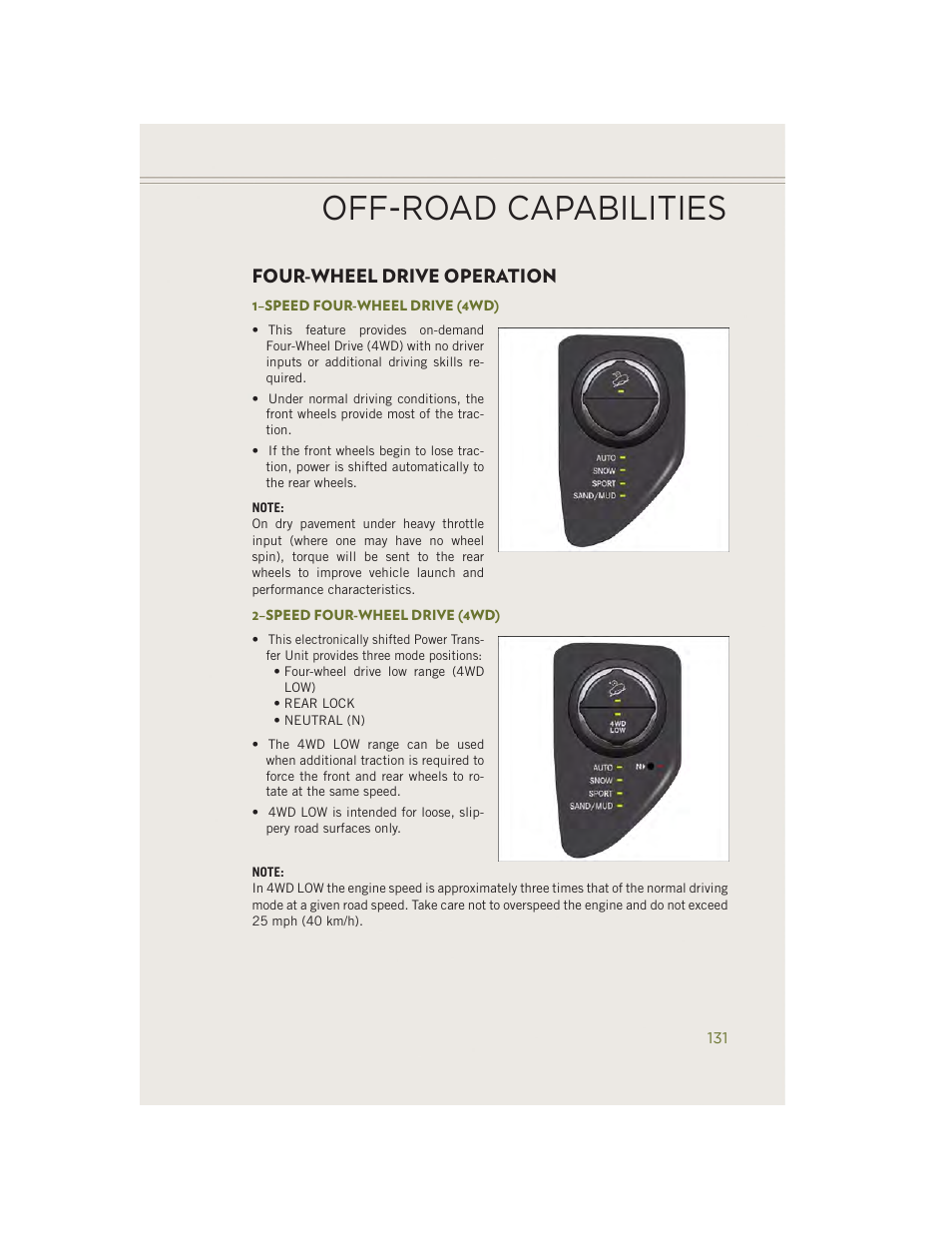 Off-road capabilities, Four-wheel drive operation, 1–speed four-wheel drive (4wd) | 2–speed four-wheel drive (4wd) | Jeep 2014 Cherokee - User Guide User Manual | Page 133 / 204