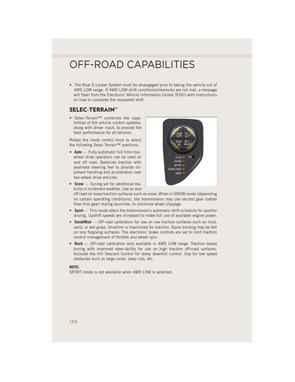 Selec-terrain, Off-road capabilities | Jeep 2014 Cherokee - User Guide User Manual | Page 136 / 204