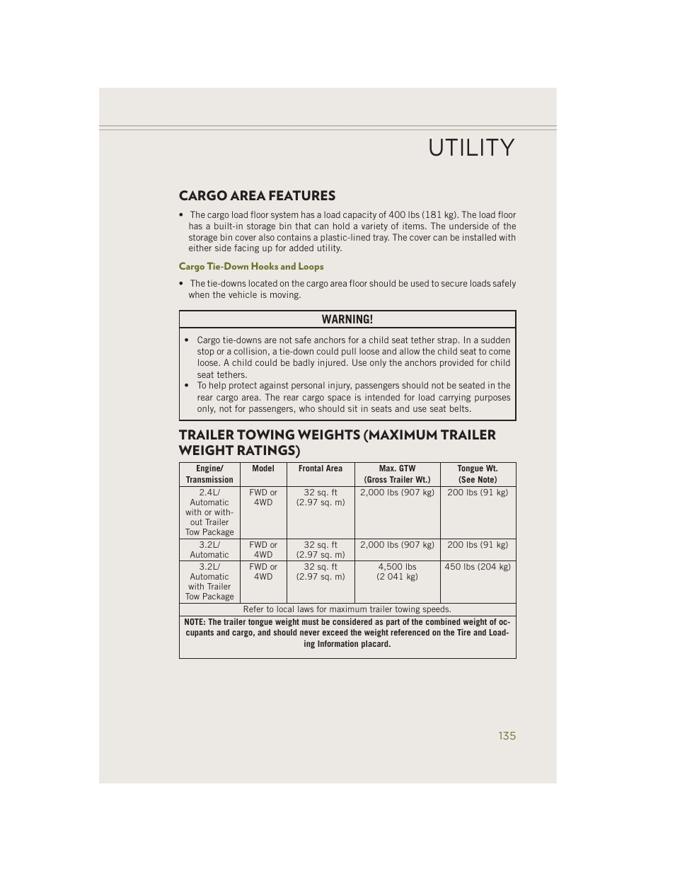 Utility, Cargo area features, Cargo tie-down hooks and loops | Warning | Jeep 2014 Cherokee - User Guide User Manual | Page 137 / 204