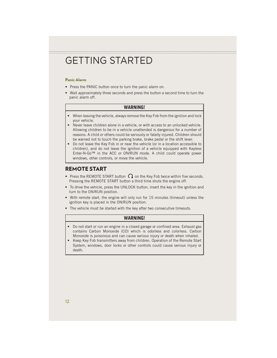 Panic alarm, Remote start, Getting started | Jeep 2014 Cherokee - User Guide User Manual | Page 14 / 204