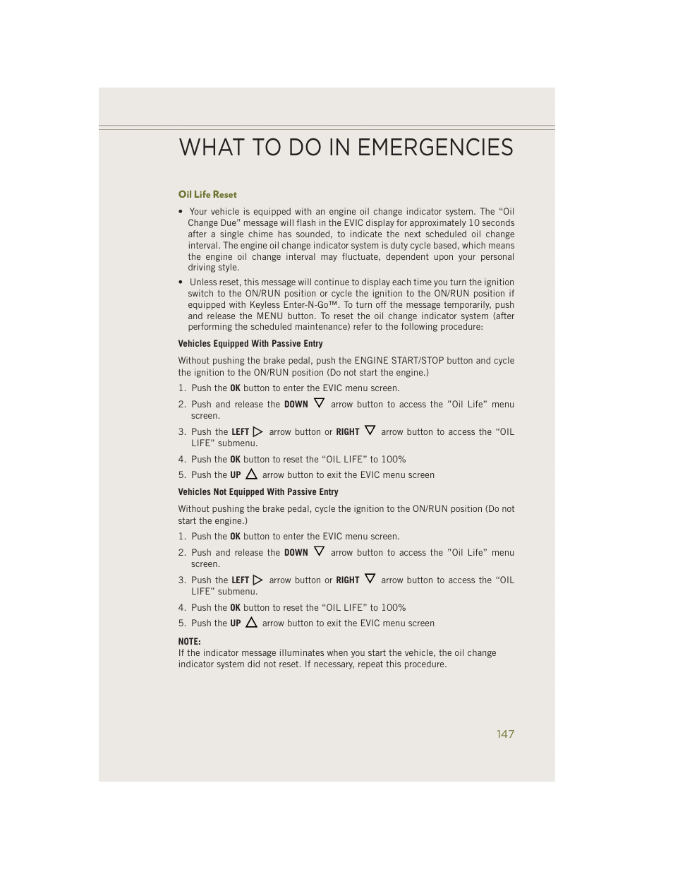 Oil life reset, What to do in emergencies | Jeep 2014 Cherokee - User Guide User Manual | Page 149 / 204