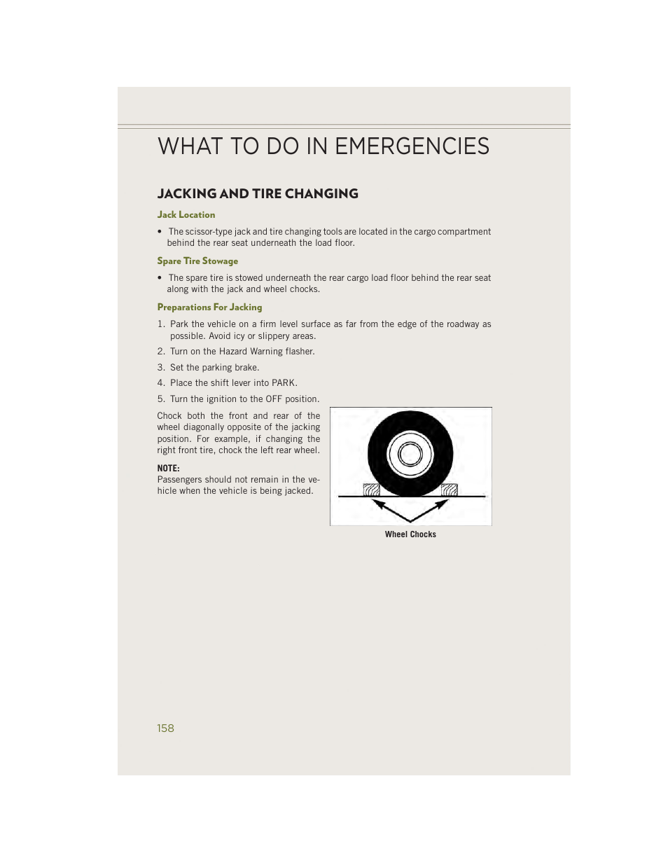 Jacking and tire changing, Jack location, Spare tire stowage | Preparations for jacking, What to do in emergencies | Jeep 2014 Cherokee - User Guide User Manual | Page 160 / 204