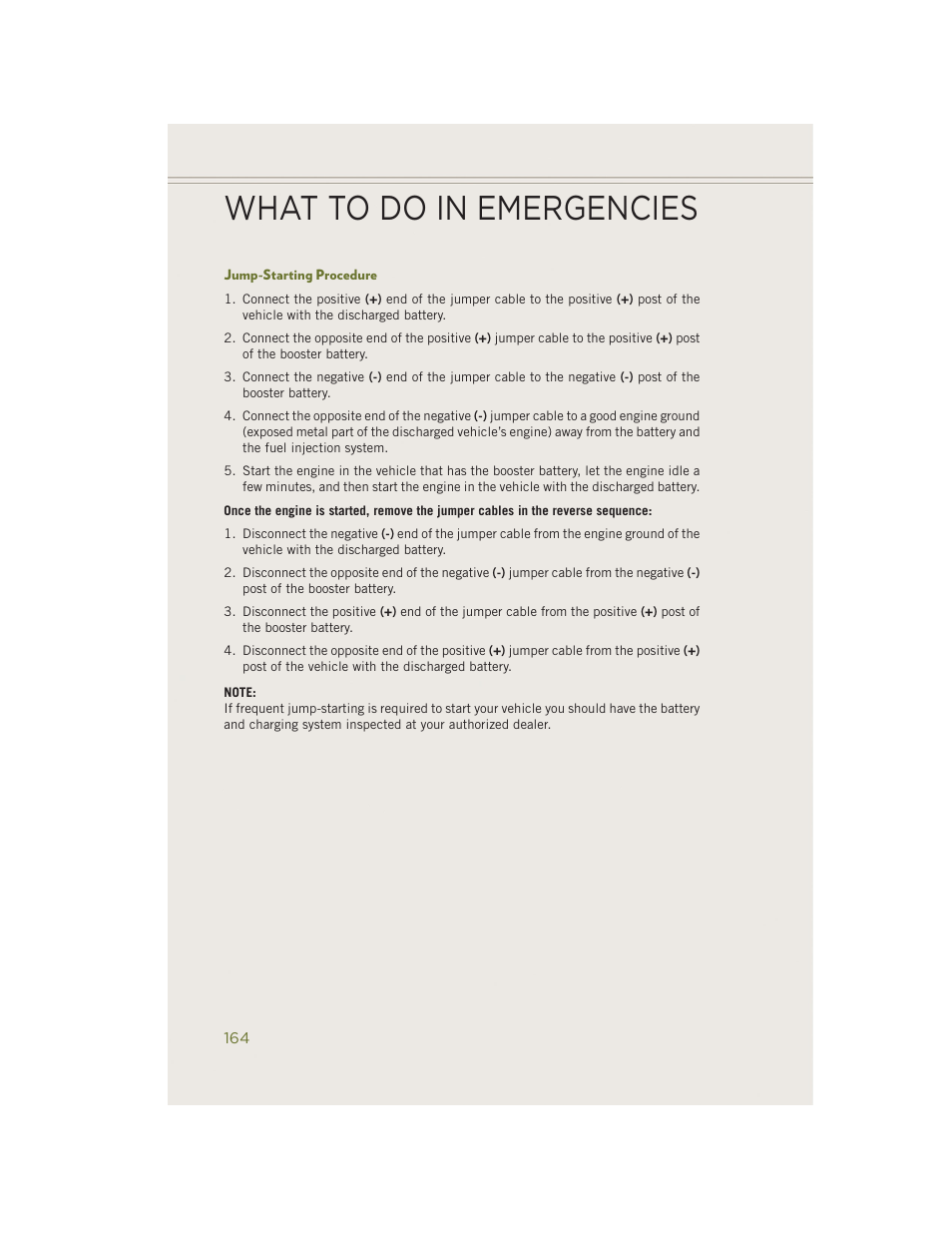 Jump-starting procedure, What to do in emergencies | Jeep 2014 Cherokee - User Guide User Manual | Page 166 / 204