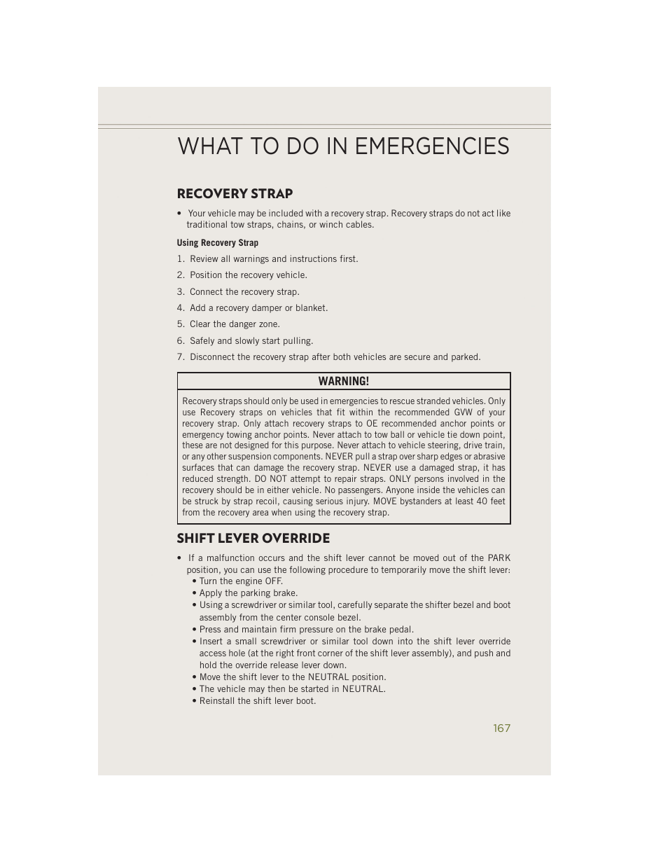 Recovery strap, Shift lever override, What to do in emergencies | Jeep 2014 Cherokee - User Guide User Manual | Page 169 / 204