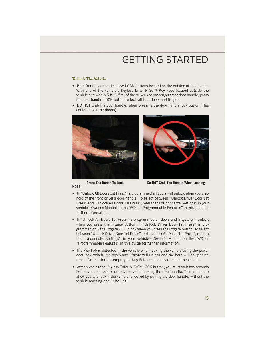 To lock the vehicle, Getting started | Jeep 2014 Cherokee - User Guide User Manual | Page 17 / 204