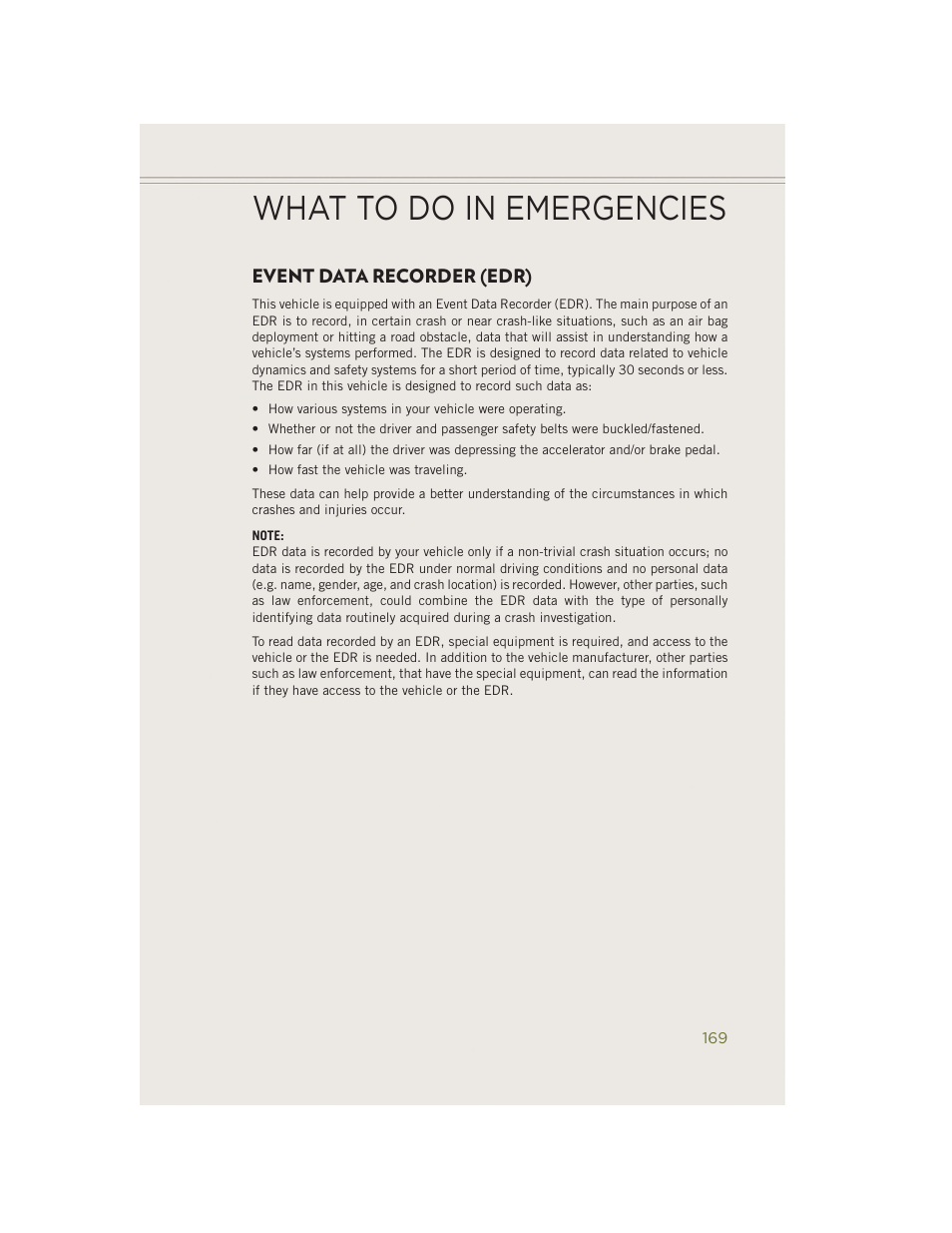 Event data recorder (edr), What to do in emergencies | Jeep 2014 Cherokee - User Guide User Manual | Page 171 / 204