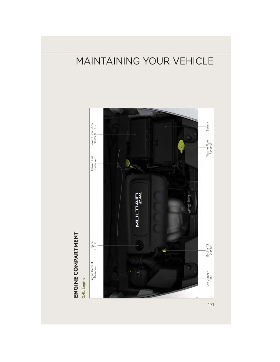 Engine compartment, 4l engine, Maintaining your vehicle | Jeep 2014 Cherokee - User Guide User Manual | Page 173 / 204