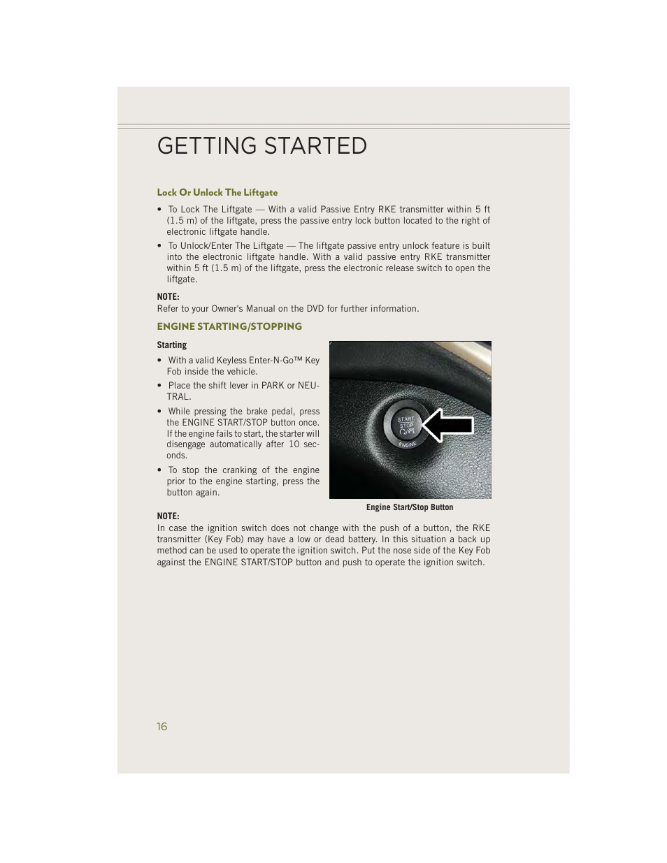 Lock or unlock the liftgate, Engine starting/stopping, Getting started | Jeep 2014 Cherokee - User Guide User Manual | Page 18 / 204