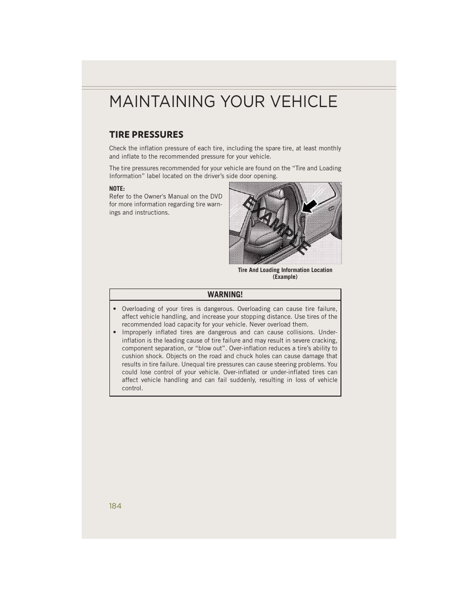 Tire pressures, Maintaining your vehicle | Jeep 2014 Cherokee - User Guide User Manual | Page 186 / 204