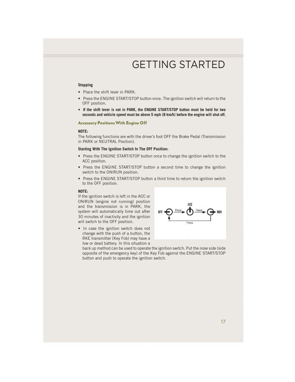 Accessory positions with engine off, Getting started | Jeep 2014 Cherokee - User Guide User Manual | Page 19 / 204