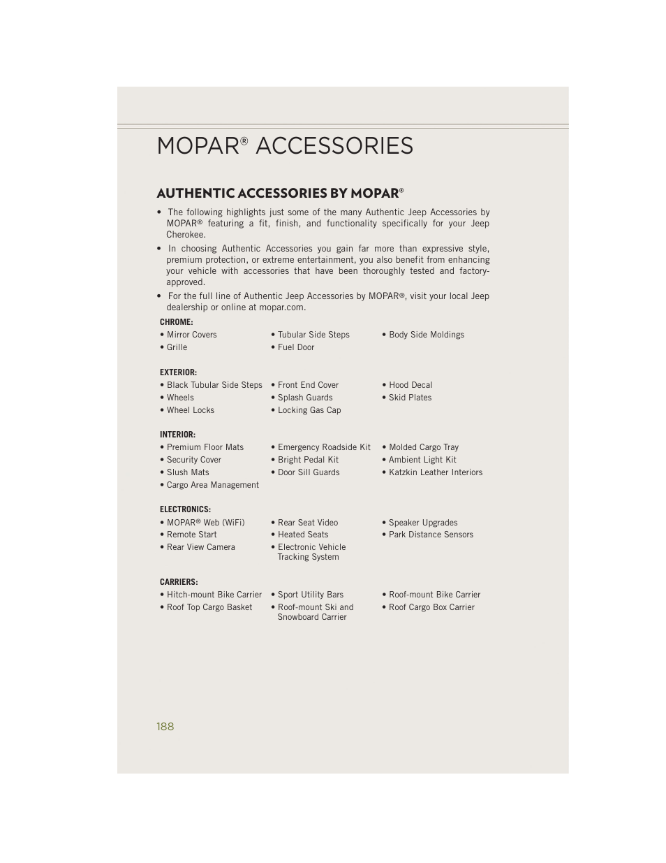 Mopar® accessories, Authentic accessories by mopar | Jeep 2014 Cherokee - User Guide User Manual | Page 190 / 204