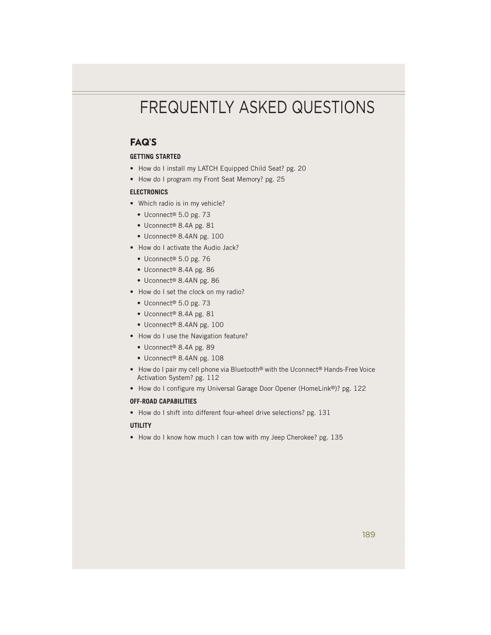 Faq’s, Frequently asked questions | Jeep 2014 Cherokee - User Guide User Manual | Page 191 / 204