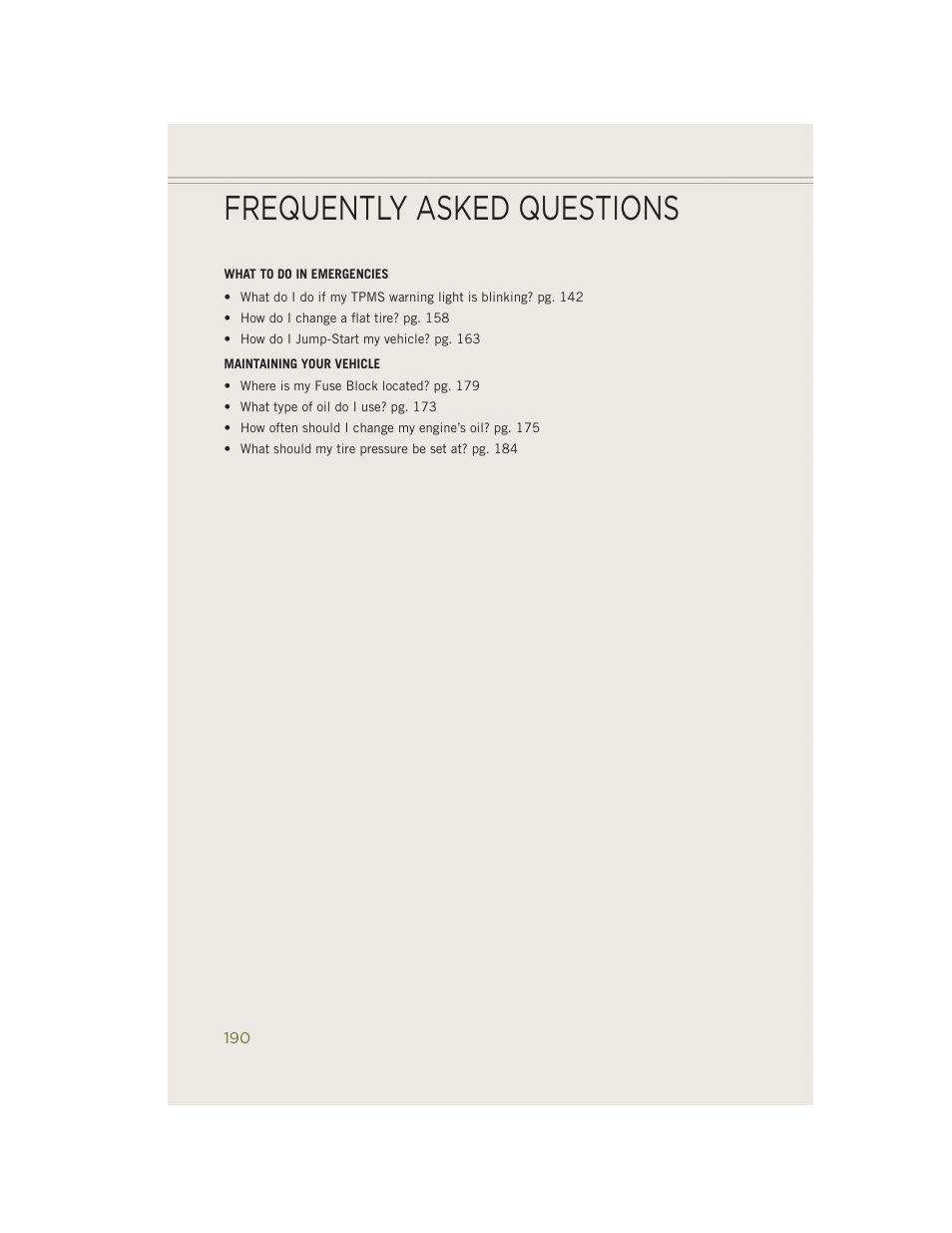 Frequently asked questions | Jeep 2014 Cherokee - User Guide User Manual | Page 192 / 204