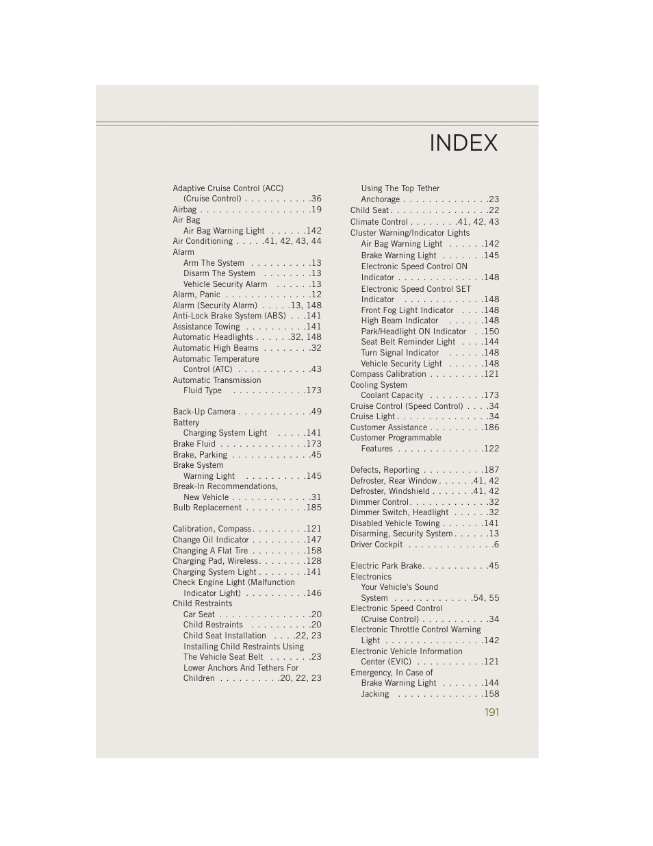 Index | Jeep 2014 Cherokee - User Guide User Manual | Page 193 / 204