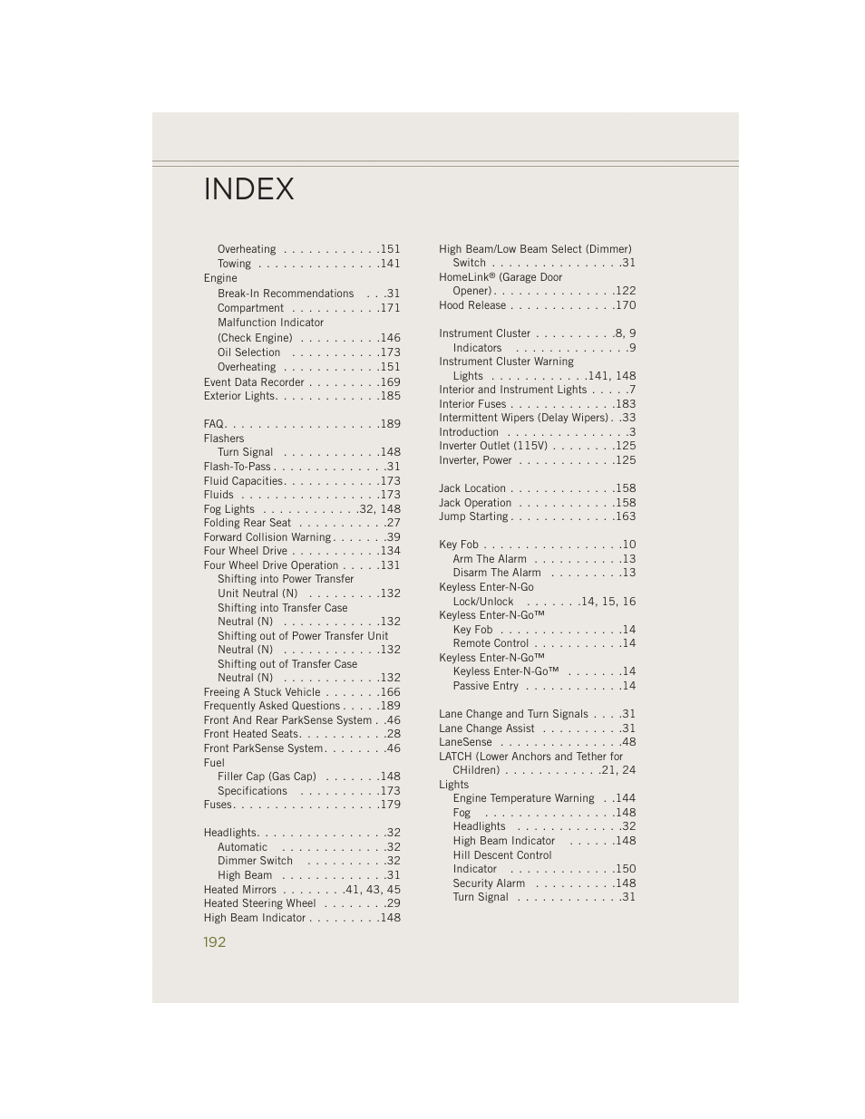 Index | Jeep 2014 Cherokee - User Guide User Manual | Page 194 / 204