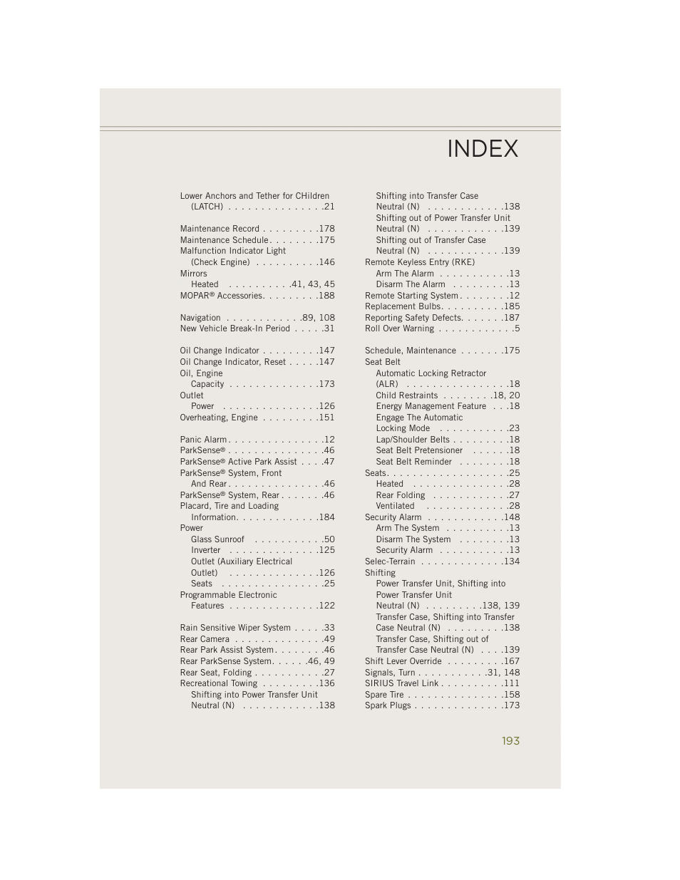 Index | Jeep 2014 Cherokee - User Guide User Manual | Page 195 / 204