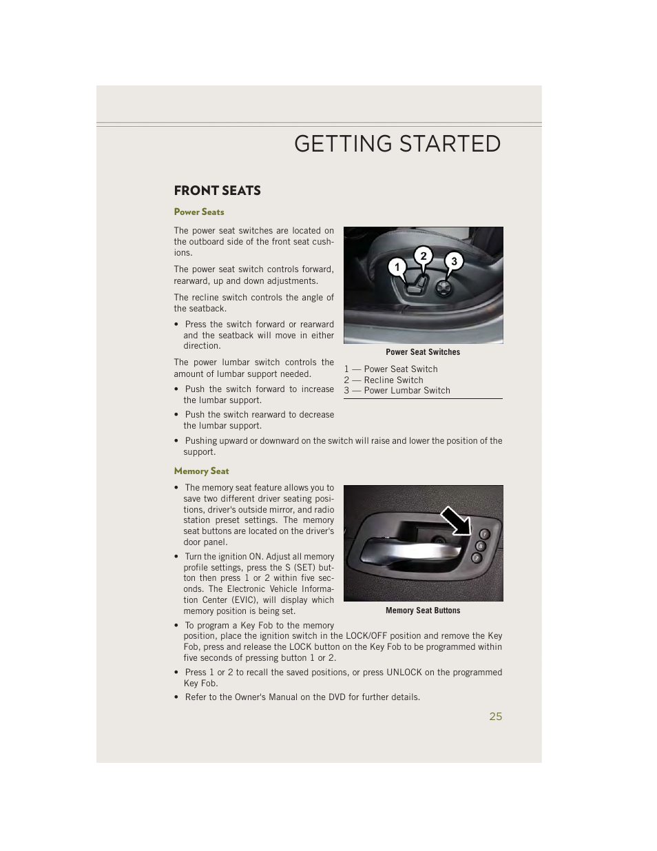 Front seats, Power seats, Memory seat | Getting started | Jeep 2014 Cherokee - User Guide User Manual | Page 27 / 204