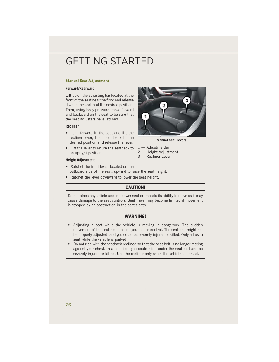 Manual seat adjustment, Getting started | Jeep 2014 Cherokee - User Guide User Manual | Page 28 / 204