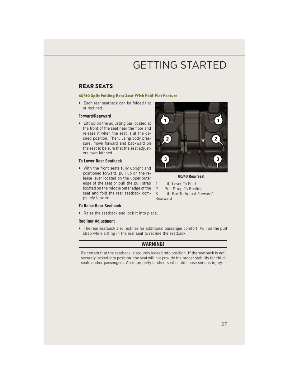 Rear seats, Getting started | Jeep 2014 Cherokee - User Guide User Manual | Page 29 / 204