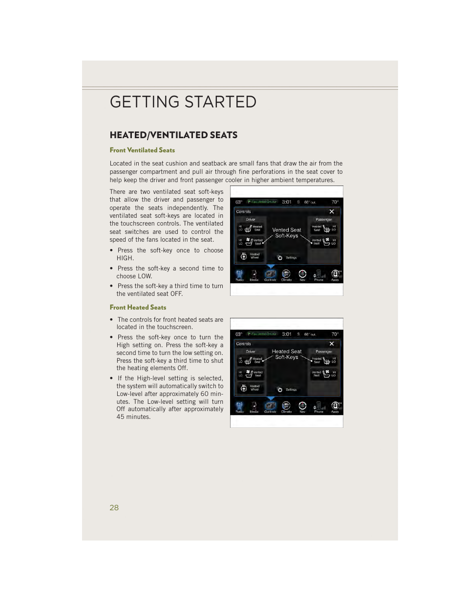 Heated/ventilated seats, Front ventilated seats, Front heated seats | Getting started | Jeep 2014 Cherokee - User Guide User Manual | Page 30 / 204