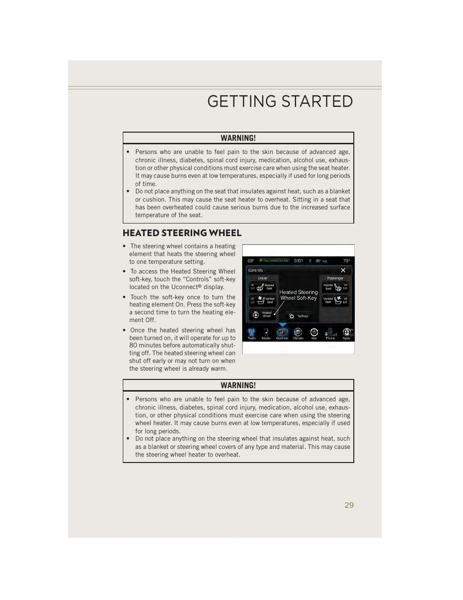 Heated steering wheel, Getting started | Jeep 2014 Cherokee - User Guide User Manual | Page 31 / 204