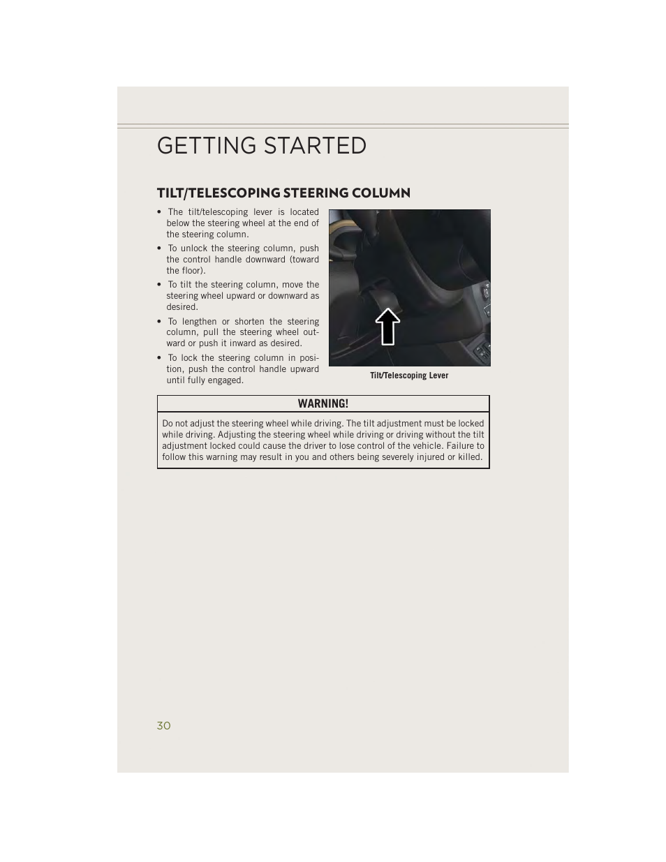 Tilt/telescoping steering column, Getting started | Jeep 2014 Cherokee - User Guide User Manual | Page 32 / 204