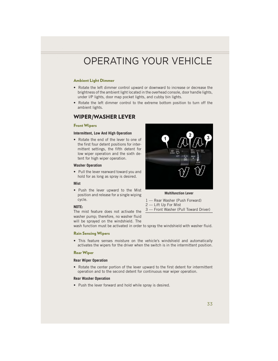 Ambient light dimmer, Wiper/washer lever, Front wipers | Rain sensing wipers, Rear wiper, Operating your vehicle | Jeep 2014 Cherokee - User Guide User Manual | Page 35 / 204